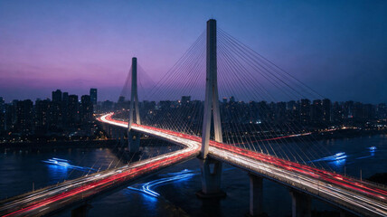 Obraz premium Scenic view of a bridge illuminated at dusk