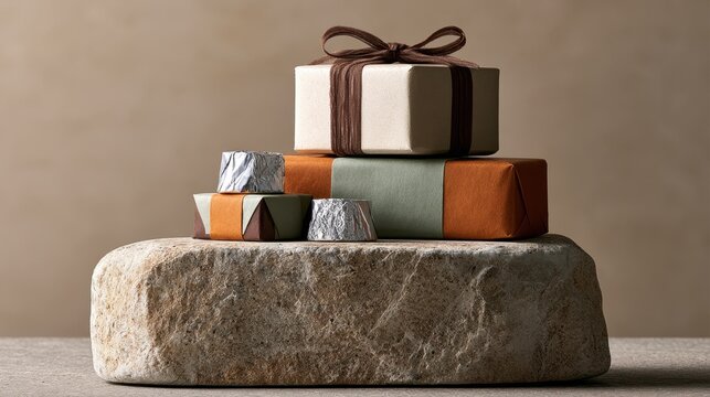 Elegant Display of Wrapped Gifts Stacked on Natural Stone, Showcasing Seasonal colors and Textures in Minimalist Style for Festive Occasions