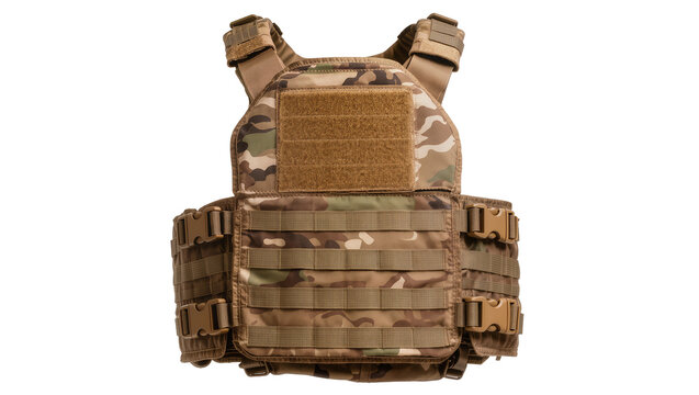 Tactical plate carrier vest with camouflage pattern MOLLE webbing and buckles, isolated on transparent background