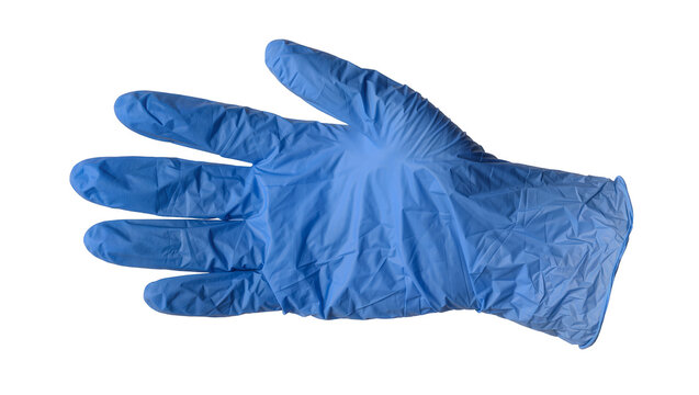 Blue nitrile glove with textured surface, isolated on transparent background