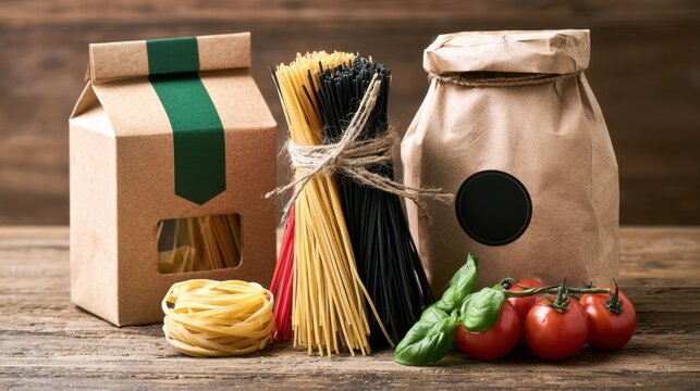 Fresh Ingredients for Italian Pasta Dish on Wooden Table with Packaging, Tomatoes, Herbs, and Dry Pasta Ready for Cooking