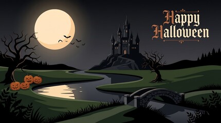 Fototapeta premium Pixel art Halloween landscape with gothic castle, full moon, bats and pumpkins at night.