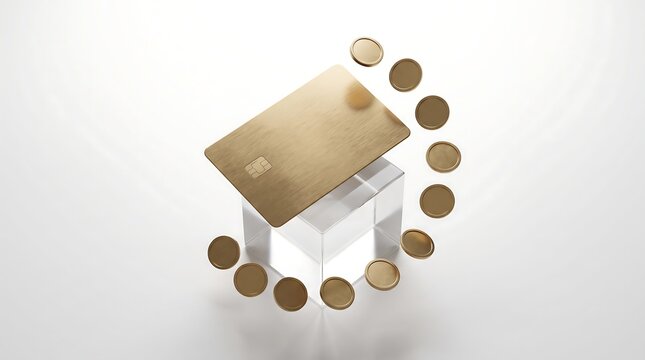 Luxury Gold Credit Card Mockup Floating Above Transparent Glass Cube with Golden Coins on Clean White Background