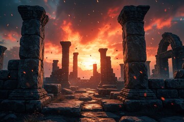 Fototapeta premium Ancient stone ruins stand against a fiery sunset sky. Crumbling pillars and arches suggest a lost civilization and a sense of mystery and wonder.