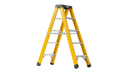 Yellow A-frame fiberglass ladder with silver rungs, isolated on transparent background © Maria