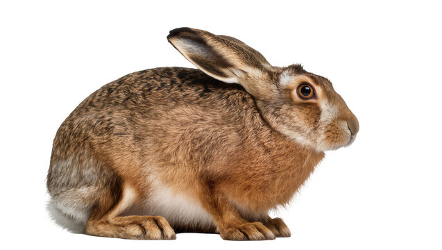 Brown hare with long ears sitting, isolated on transparent background