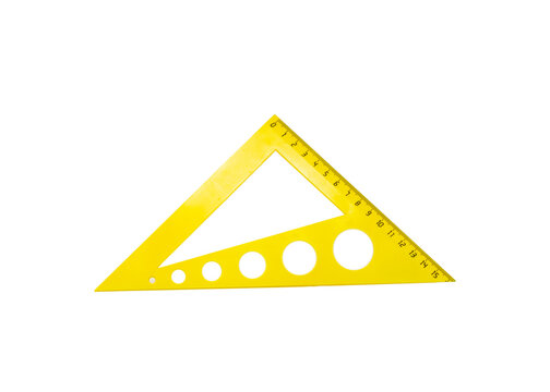 Yellow plastic set square with measurement scale and circular holes on white background. Isolated geometry tool for mathematics education, technical drawing and school supplies.