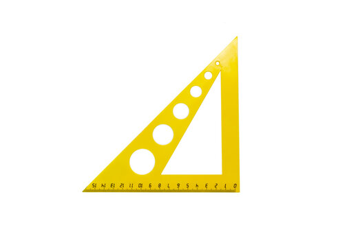 Yellow plastic set square with measurement scale and circular holes on white background. Isolated geometry tool for mathematics education, technical drawing and school supplies.