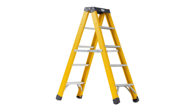 Yellow A-frame fiberglass ladder with silver rungs, isolated on transparent background