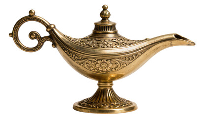 Ornate antique brass genie lamp with floral engravings, isolated on transparent background © Maria