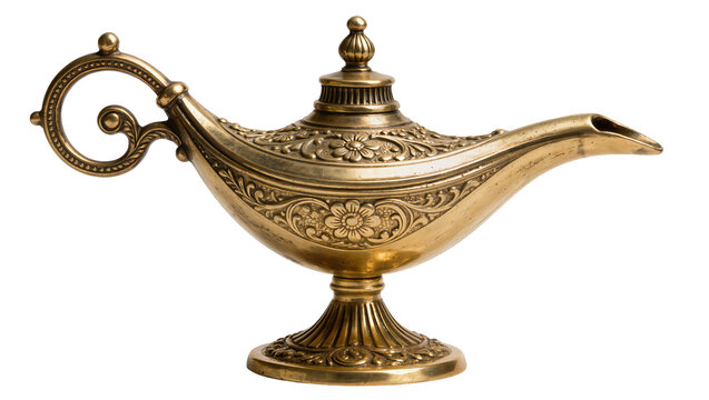 Ornate antique brass genie lamp with floral engravings, isolated on transparent background