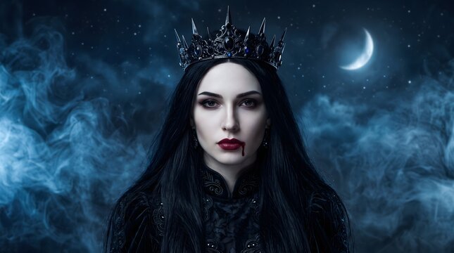 A mysterious gothic queen with dark hair and a crown standing in a foggy night landscape
