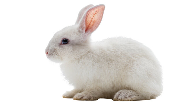 Fluffy white rabbit with pink ears, sitting calmly isolated on transparent background