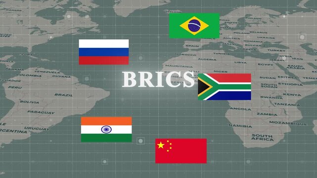 BRICS Countries Flags on World Map with Title Text Animation