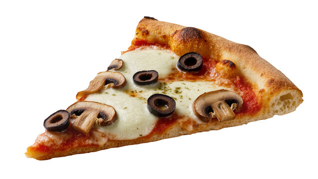 Delicious slice of pizza with mushrooms and olives, isolated on transparent background