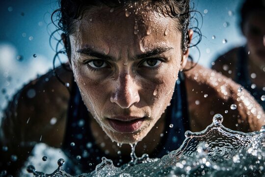 Close up portrait of determined female athlete with wet skin, face covered in water droplets. Intense woman stares forward during hard training competition. Strong grit, willpower shown in eyes