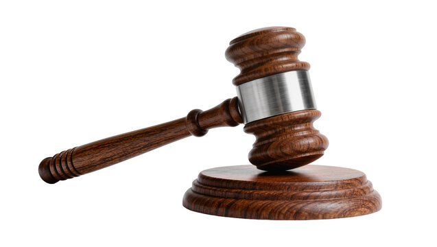 Wooden gavel with metal band on round base, isolated on transparent background