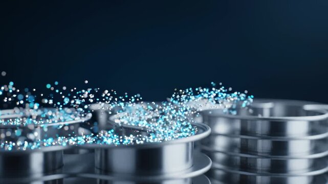Abstract Metallic Structures With Floating Glowing Blue Particles in Motion