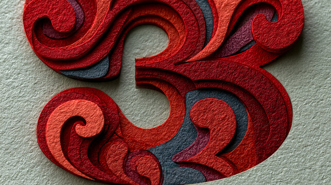 Number three carved from layered red paper creates a textured abstract design on a light wall.