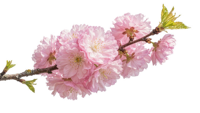 Delicate pink double cherry blossoms with green leaves on a branch, isolated on transparent background