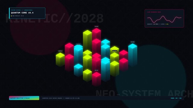 Futuristic 3D abstract kinetic data structure architecture loop with holographic indicators and digital grid background.