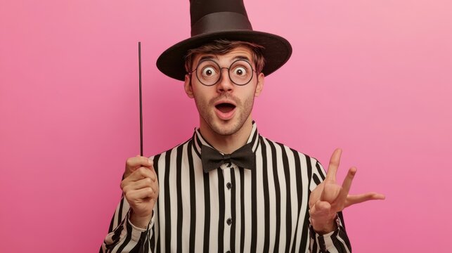 Surprised Magician Holding Wand and Gesture against Pink Background