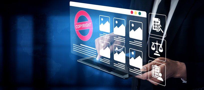 Digital representation of copyright protection. A businessman interacts with a laptop, showcasing locked images and legal symbols emphasizing rights management in technology. Ledger