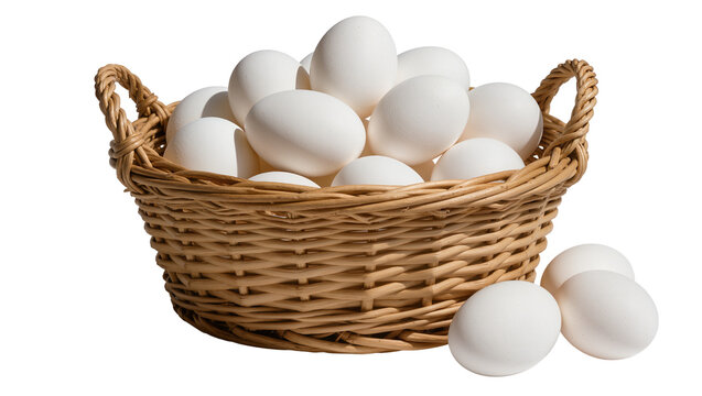 Woven wicker basket overflowing with white chicken eggs, isolated on transparent background