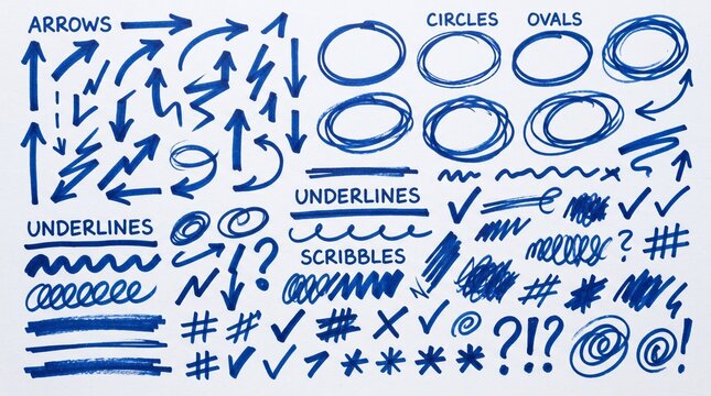 Colecci&oacute;n de elementos gr&aacute;ficos dibujados a mano con marcador azul sobre fondo blanco: flechas, c&iacute;rculos, rayas, estrellas y s&iacute;mbolos para edici&oacute;n de video.
