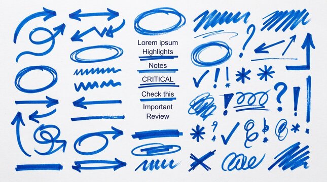 Colecci&oacute;n de elementos gr&aacute;ficos dibujados a mano con marcador azul sobre fondo blanco: flechas, c&iacute;rculos, rayas, estrellas y s&iacute;mbolos para edici&oacute;n de video.