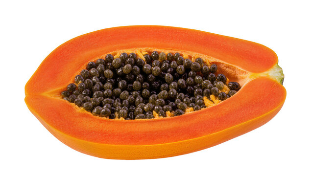 Ripe orange papaya half with black seeds, isolated on transparent background