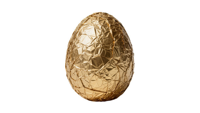 Shiny golden foil-wrapped Easter egg, isolated on transparent background