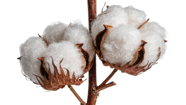 Fluffy white cotton bolls with brown sepals on a thin branch, isolated on transparent background
