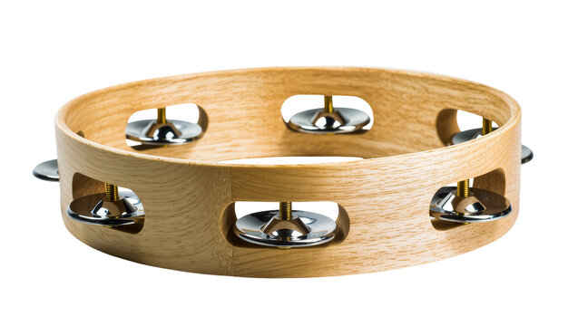 Wooden tambourine with shiny metal jingles, isolated on transparent background