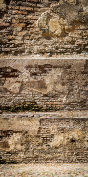 Collection of images with old cracked plaster and brick wall. Abandoned exterior urban backgrounds