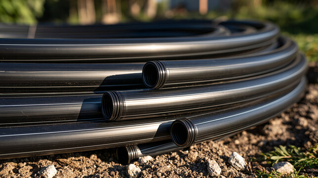 Elegent photo of A coiled black polyethylene pipe lies on the garden soil. This durable irrigation tubing is perfect for agricultural plumbing and water distribution systems.