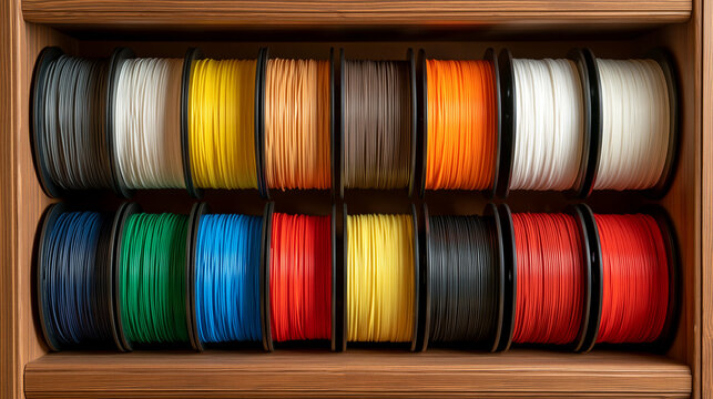 Elegent photo of Colorful 3D printer filament spools organized on a wooden shelf. Represents additive manufacturing supplies for industrial technology and rapid prototyping projects.