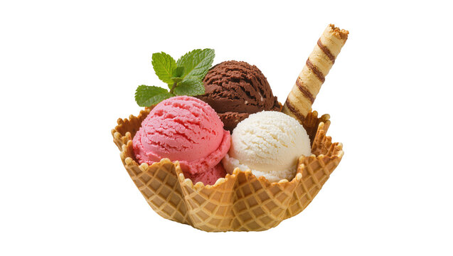 Three scoops of ice cream in a waffle bowl with mint and wafer, isolated on transparent background