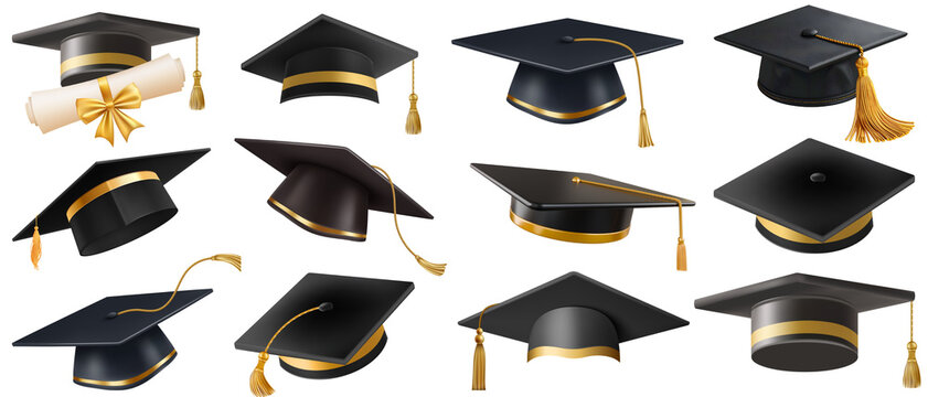 Collection of Realistic Black and Gold Academic Graduation Caps with Tassels Isolated on Transparent Background PNG File for Educational Design Projects