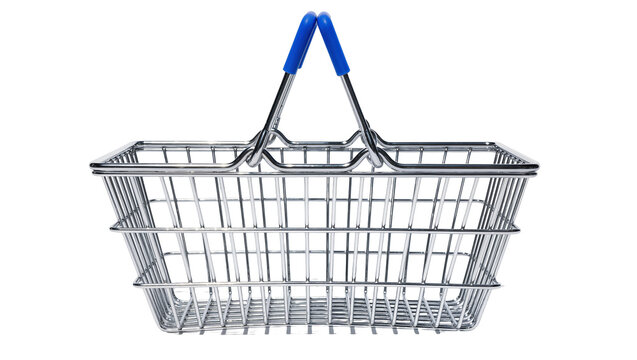 Shiny metal shopping basket with blue handles, isolated on transparent background