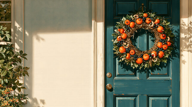 Gouache illustration of an autumn wreath on a teal front door