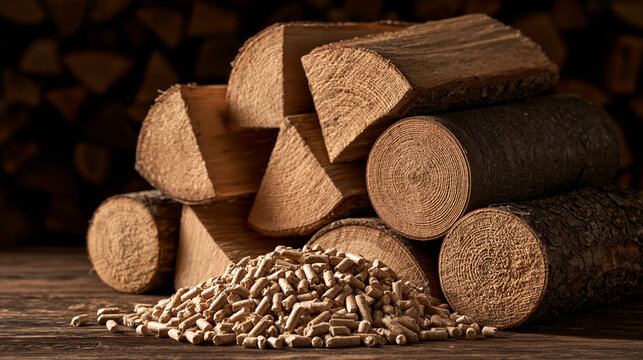 Elegent photo of A pile of wood pellets sits in front of stacked firewood logs in soft lighting. Sustainable heating fuel concept for home and industrial energy use.