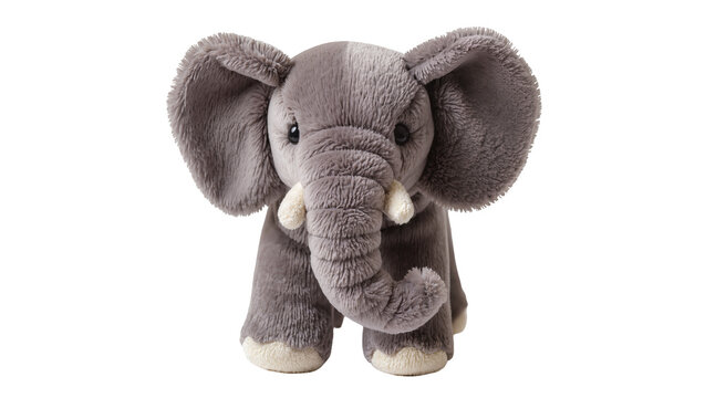 Plush gray elephant toy with large ears, isolated on transparent background