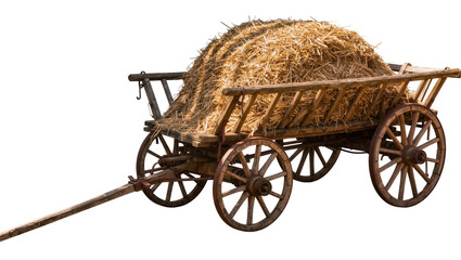 Rustic wooden hay cart filled with dry straw, isolated on transparent background © Maria