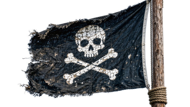 Tattered black pirate flag with skull and crossbones, isolated on transparent background