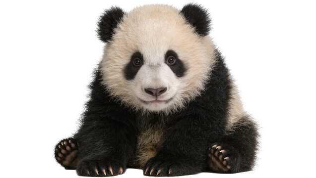 Fluffy giant panda cub sitting, isolated on transparent background