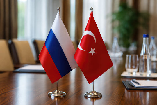 Russia and Turkey Flags at Diplomatic Meeting, Bilateral Relations Concept