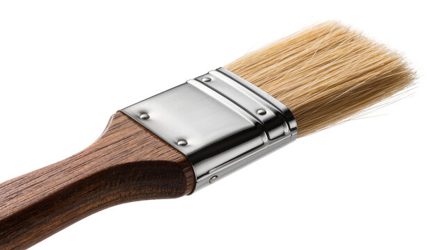 Wooden handled paintbrush with metal ferrule and natural bristles, isolated on transparent background