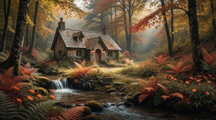 Fototapeta premium Stone cottage sits beside a flowing creek in autumn woods. Lush ferns and flowers surround the small house. Sunlight filters through colorful trees creating a peaceful forest scene.
