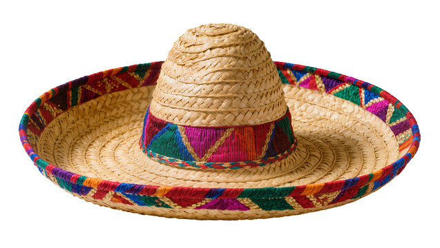 Woven straw sombrero with colorful embroidered band, isolated on transparent background